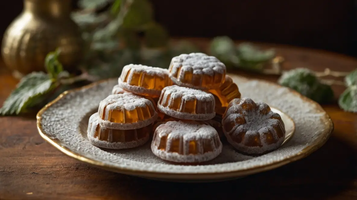 Traditional horehound candy with its amber color, shaped into lozenges and displayed on a rustic wooden surface.