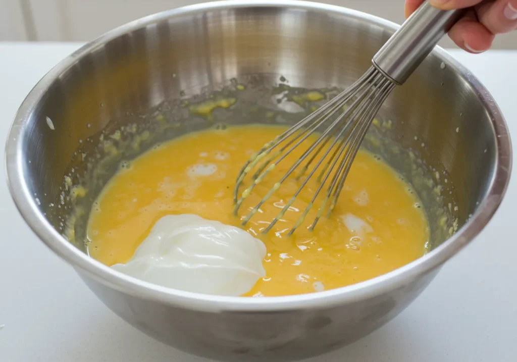 Whisking eggs, yogurt, milk, salt, and pepper in a large bowl for egg cupcakes with yogurt.