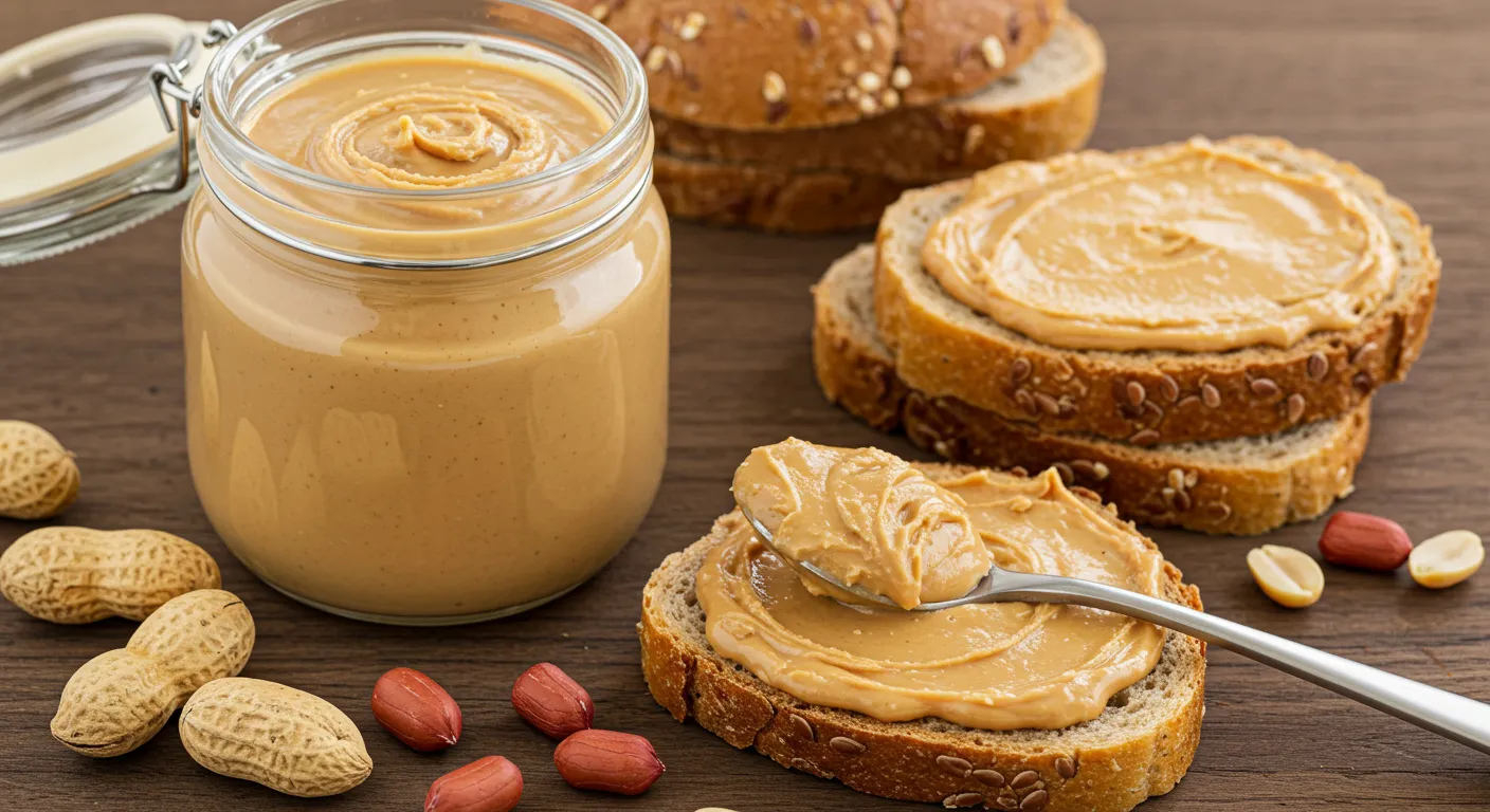 A jar of natural peanut butter with a smooth texture, accompanied by whole peanuts and a spoon.