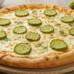 Delicious pickle pie pizza with crispy crust, melted cheese, and tangy pickle slices topping.