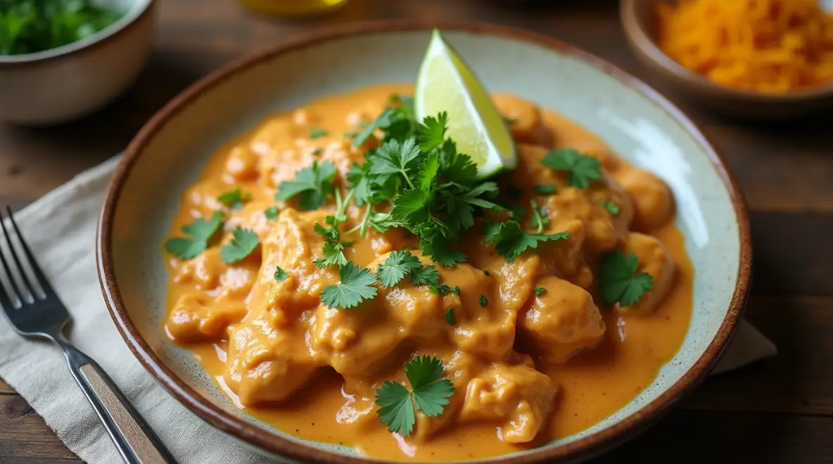 Tender chicken pieces in a creamy, rich sauce, served with rice and garnished with cilantro.