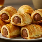 Golden, flaky sausage rolls with savory sausage filling, placed on a baking tray with a crispy golden crust.