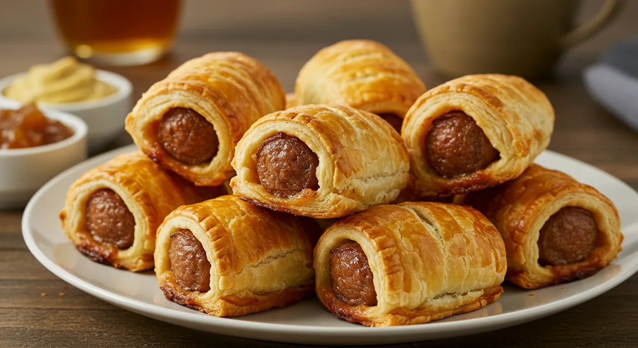 Golden, flaky sausage rolls with savory sausage filling, placed on a baking tray with a crispy golden crust.