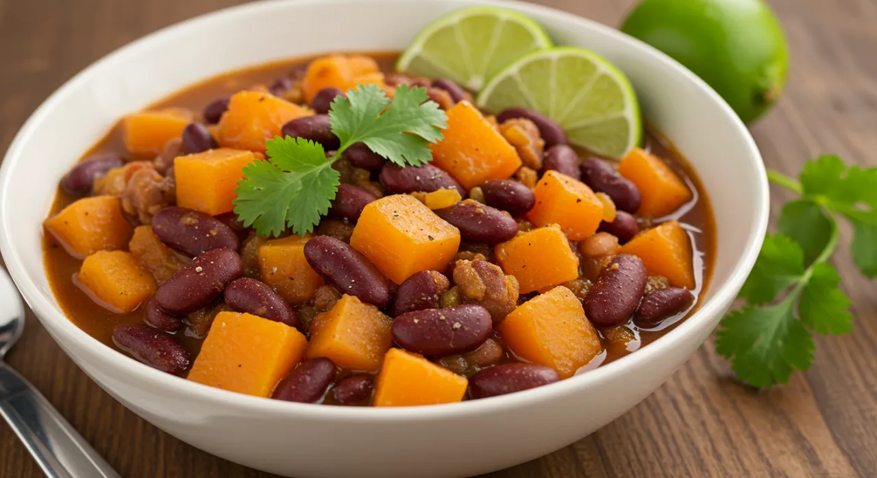 A hearty stew of squash and kidney beans in a tomato-based broth, garnished with fresh parsley, served in a rustic bowl.