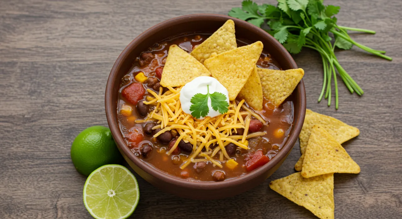 Delicious taco soup filled with ground beef, beans, tomatoes, and corn, served in a warm bowl topped with shredded cheese.