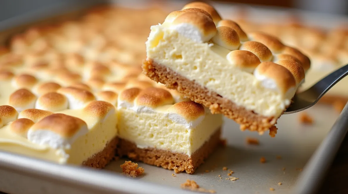 Golden-brown toasted marshmallow with a gooey center, roasted over an open flame.