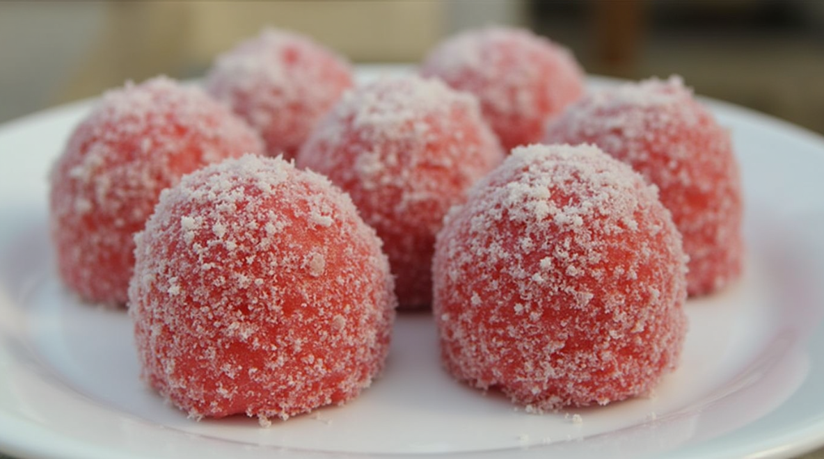 Close-up of a strawberry bonbon, featuring a chocolate shell and a creamy strawberry center, displayed on a plate.